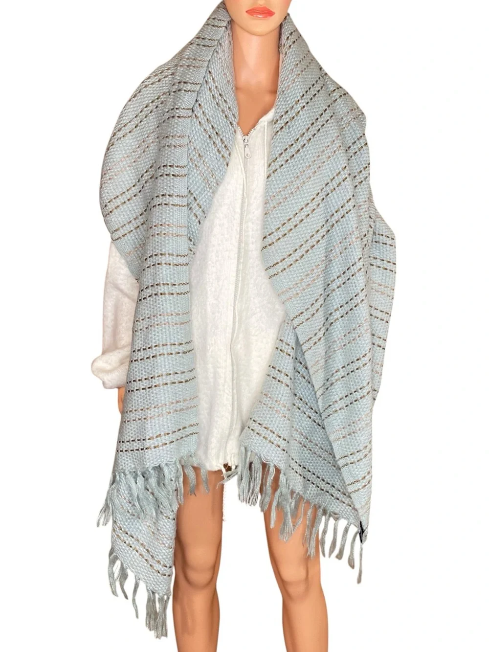 The Limited Blue Knit Fringe Wrap Scarf Extra Long Cozy Warm Winter Accessory